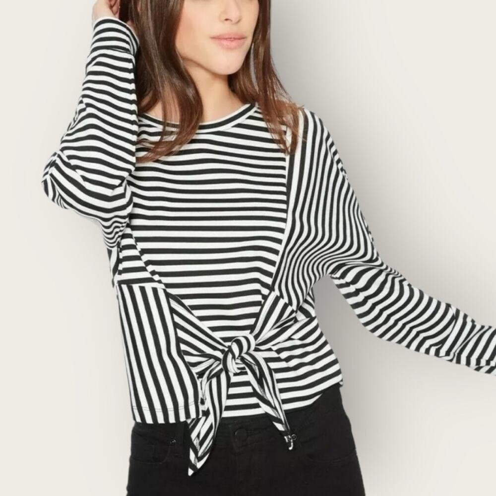 NWT | Parker | Nanette Tie Waist Long Sleeve Striped Top | Black/White | XXS